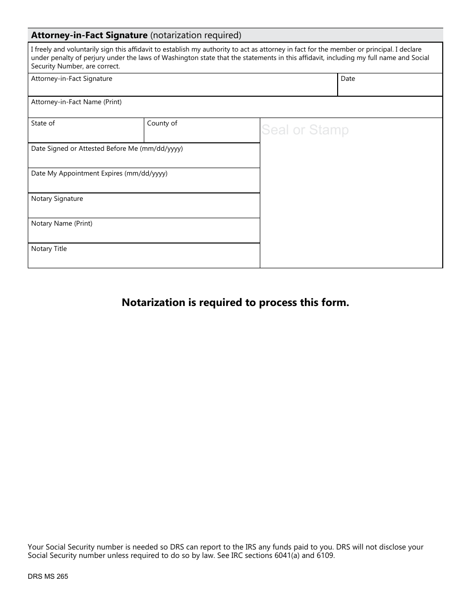 Form DRS MS265 Affidavit of Attorney in Fact - Washington, Page 2