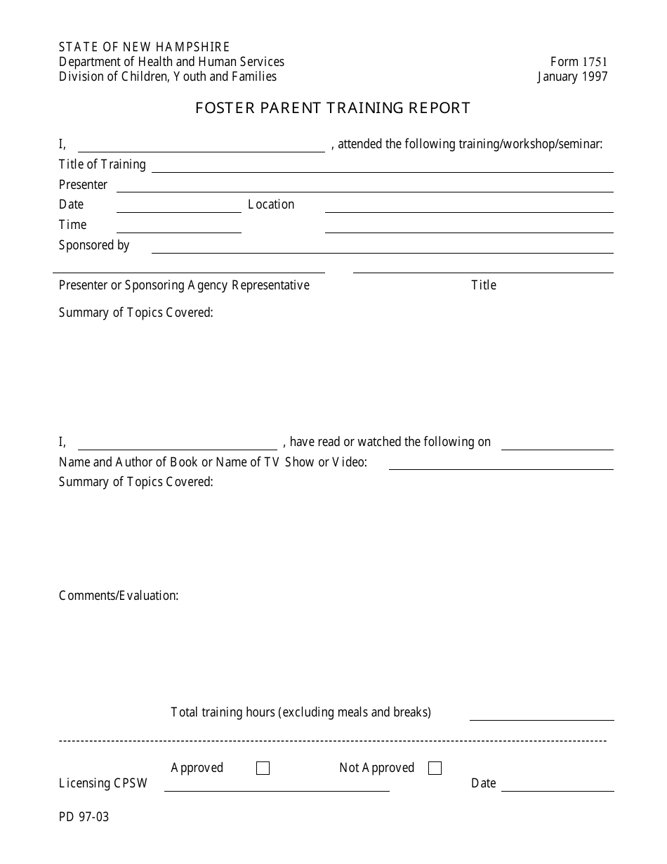 Form 1751 Foster Parent Training Report - New Hampshire, Page 1