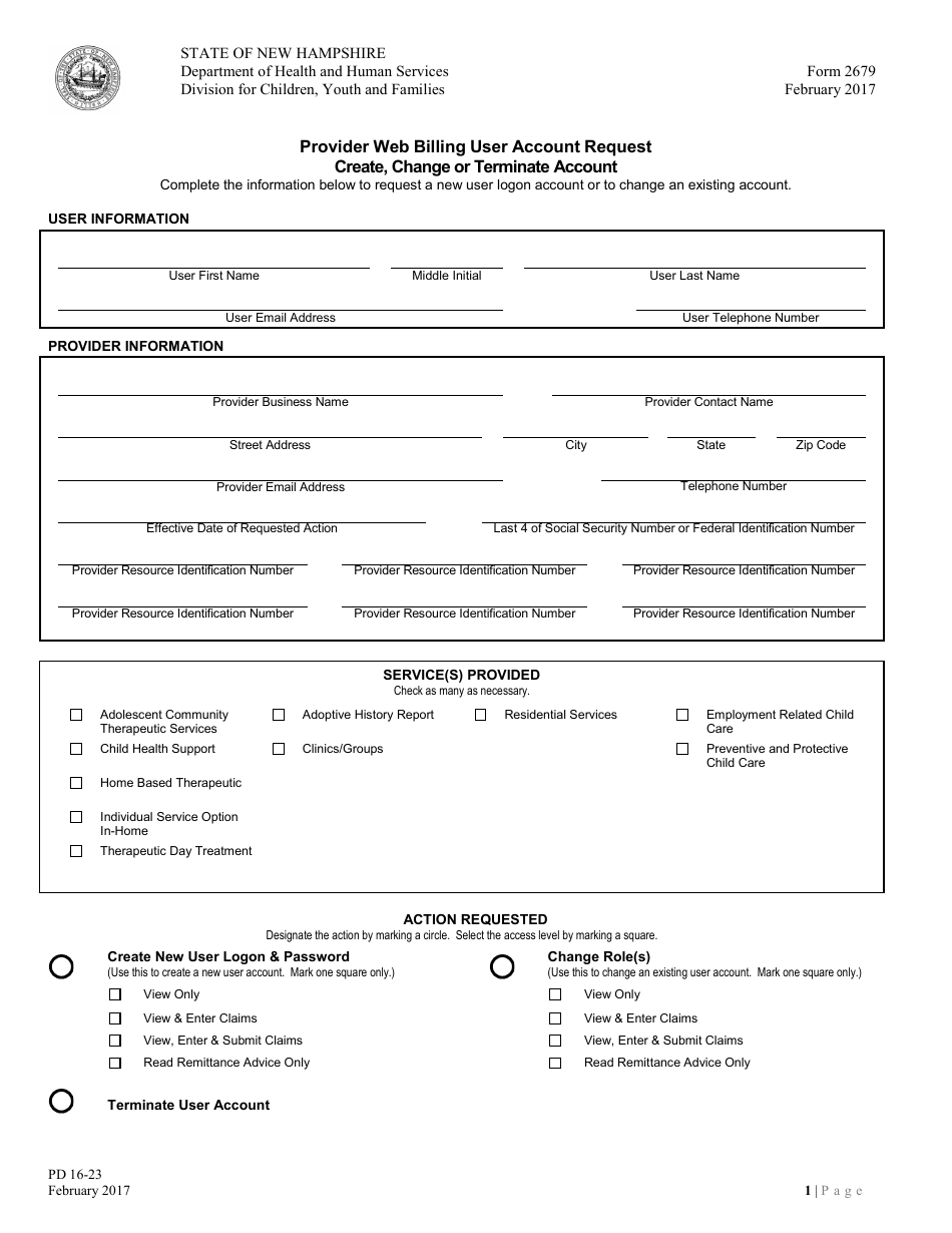 Form 2679 Provider Web Billing User Account Request - Create, Change or Terminate Account - New Hampshire, Page 1