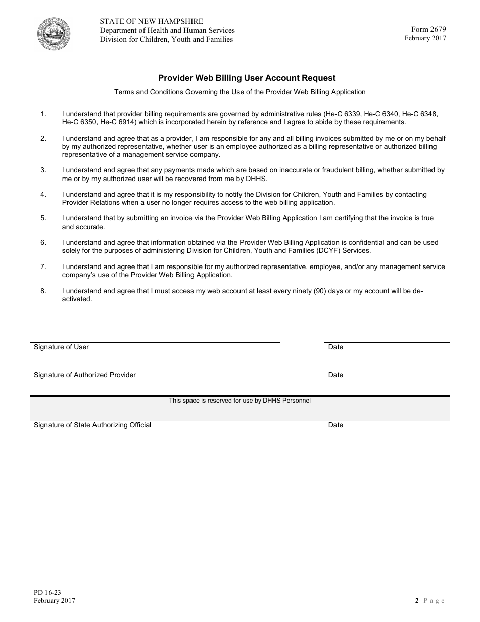 Form 2679 Provider Web Billing User Account Request - Create, Change or Terminate Account - New Hampshire, Page 2