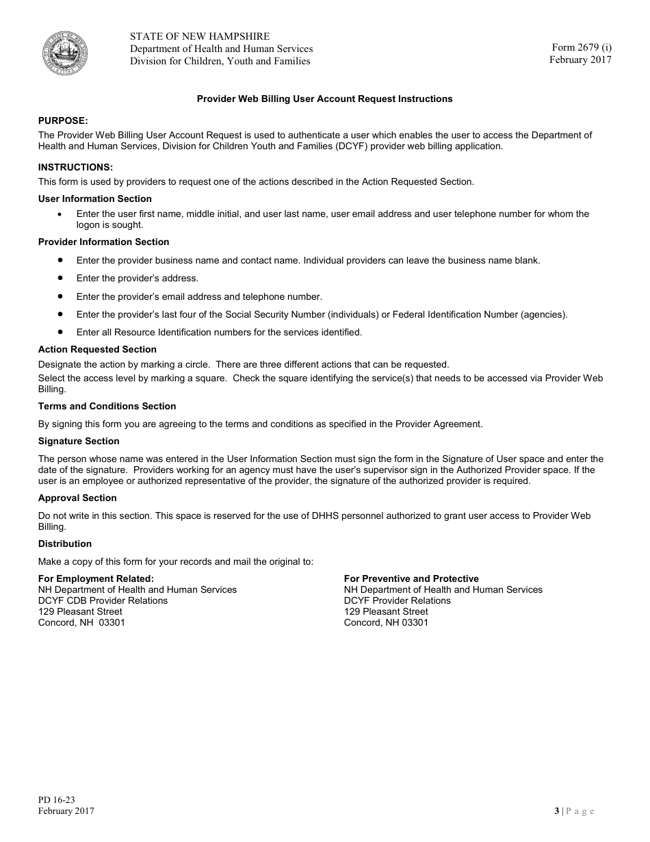 Form 2679 Provider Web Billing User Account Request - Create, Change or Terminate Account - New Hampshire, Page 3