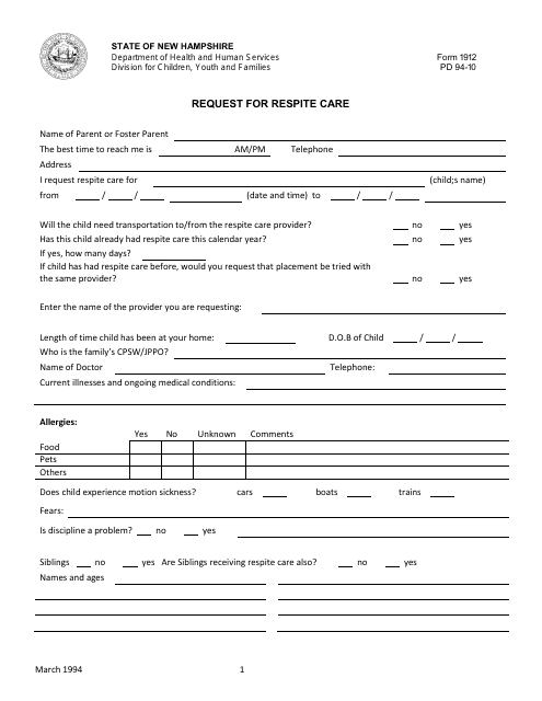Form 1912 Request for Respite Care - New Hampshire