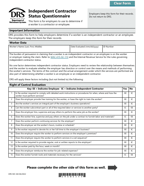 Form DRS MS344 Independent Contractor Status Questionnaire - Washington