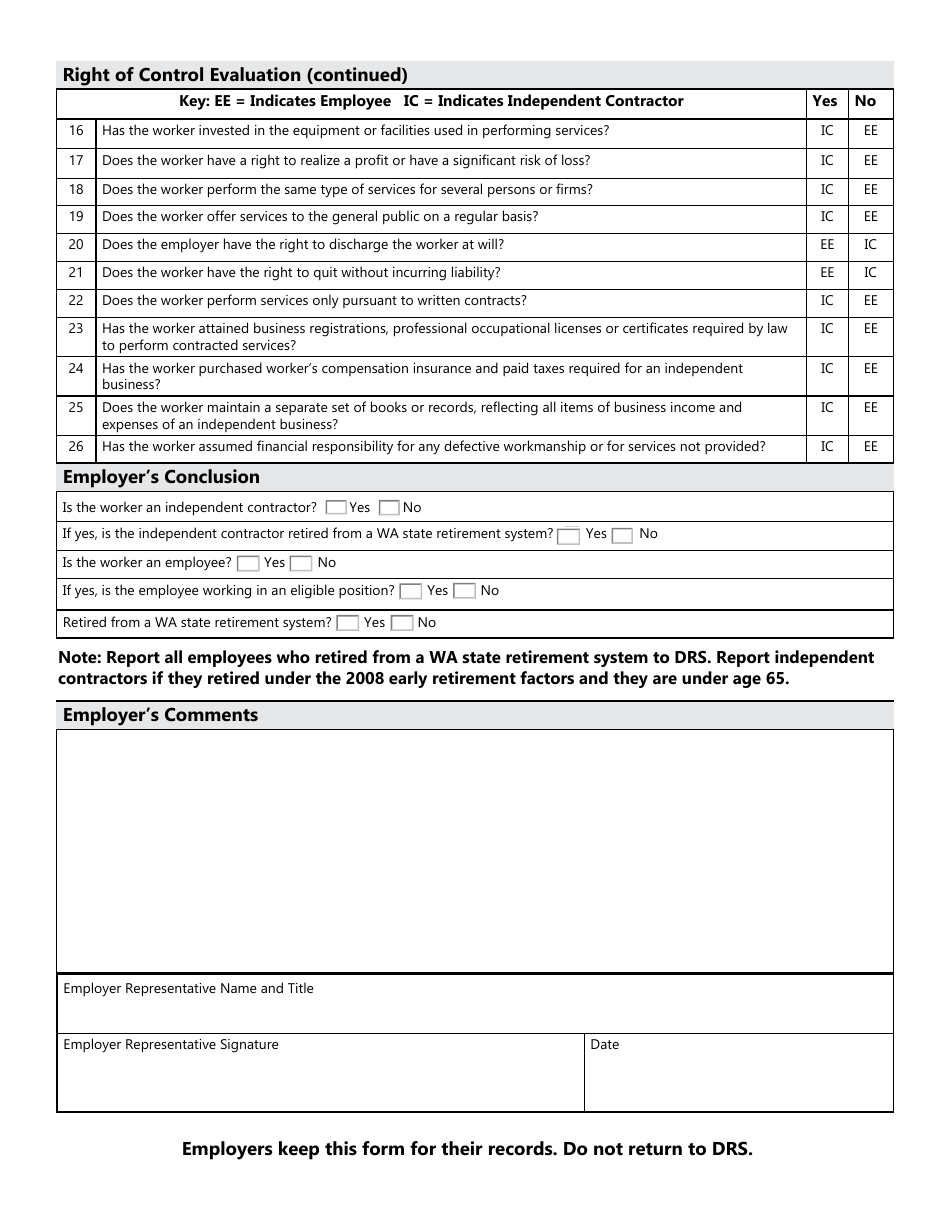 Form DRS MS344 Independent Contractor Status Questionnaire - Washington, Page 2