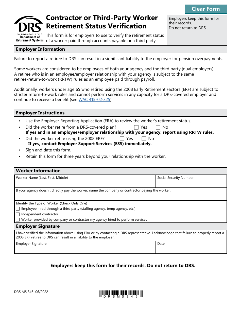 Form DRS MS346 Contractor or Third-Party Worker Retirement Status Verification - Washington, Page 1