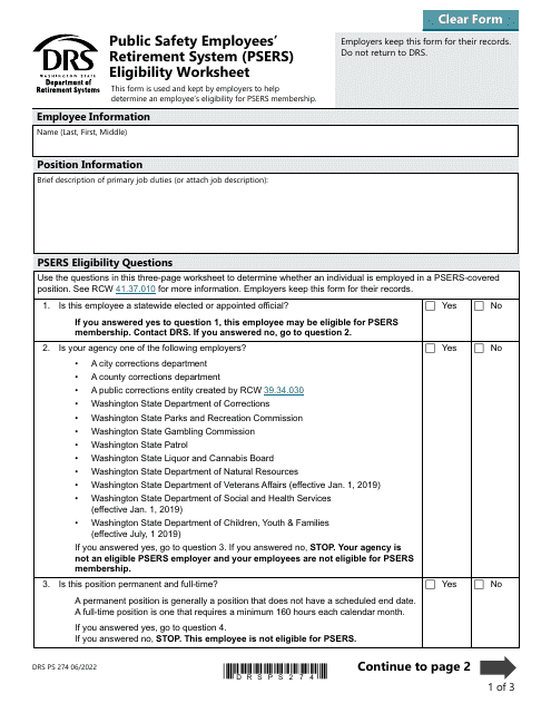 Form DRS PS274 Public Safety Employees' Retirement System (Psers) Eligibility Worksheet - Washington