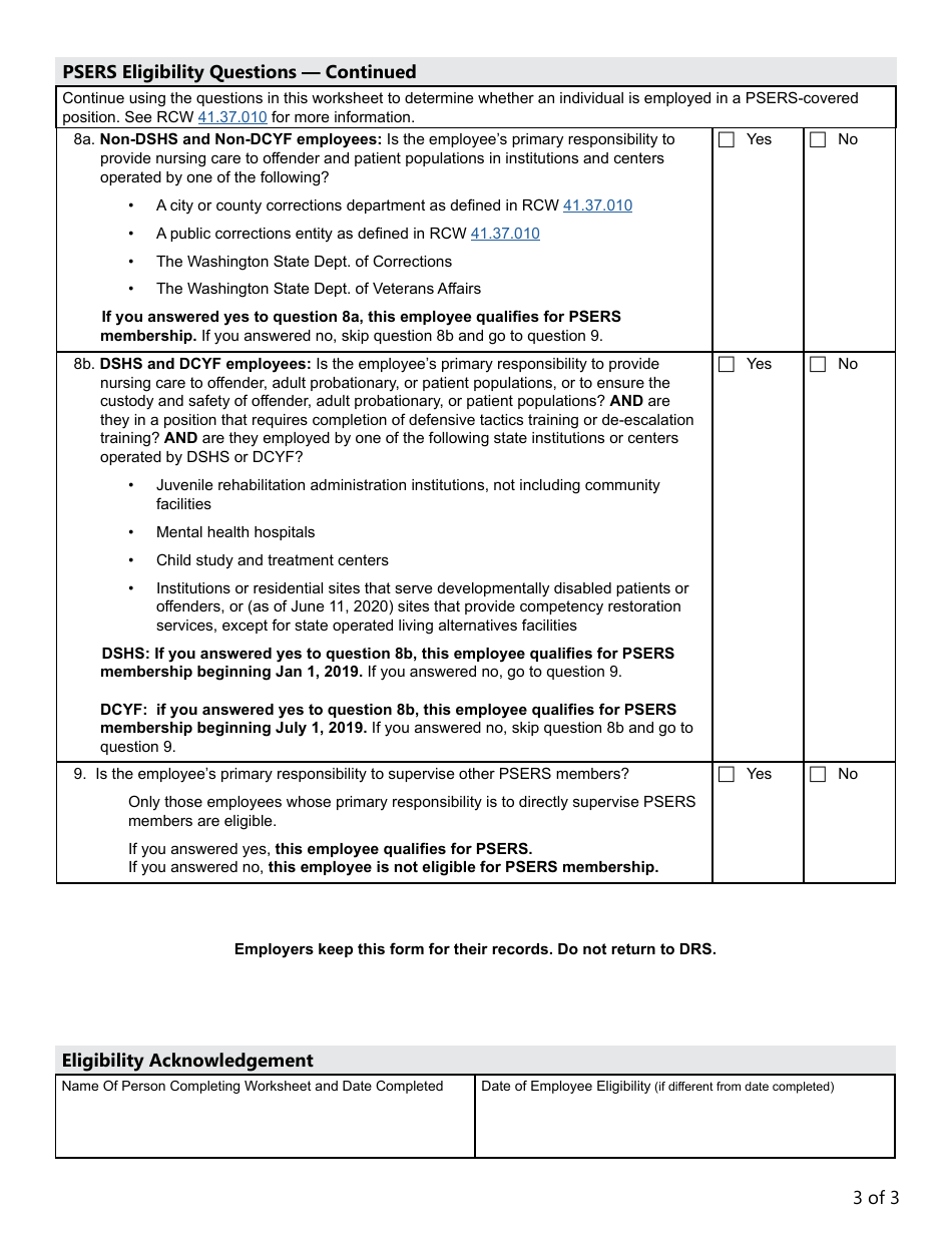 Form DRS PS274 Public Safety Employees Retirement System (Psers) Eligibility Worksheet - Washington, Page 3