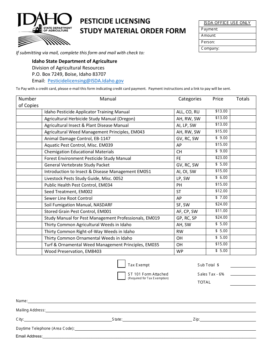 Pesticide Licensing Study Material Order Form - Idaho, Page 1