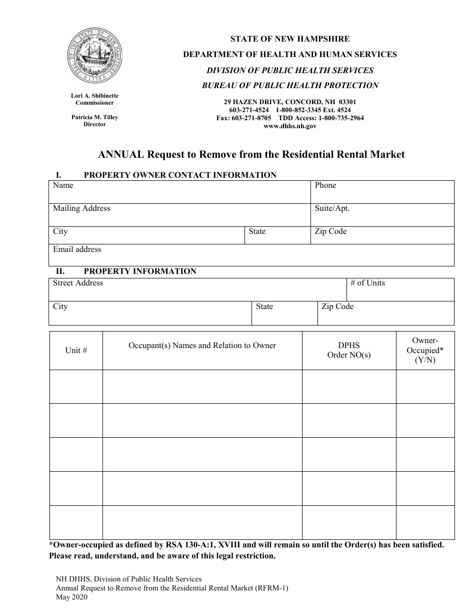 Form RFRM-1 Annual Request to Remove From the Residential Rental Market - New Hampshire, Page 1