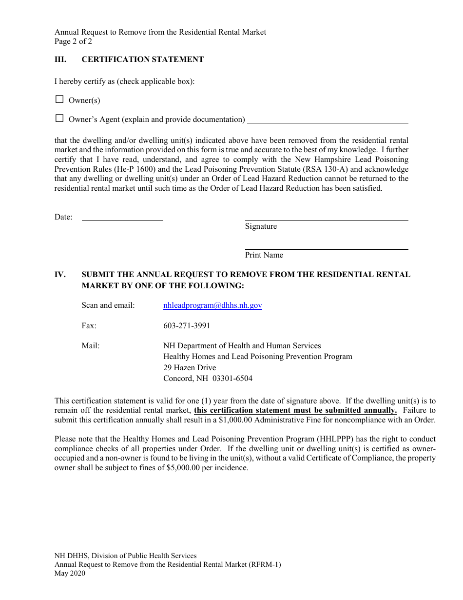 Form RFRM-1 Annual Request to Remove From the Residential Rental Market - New Hampshire, Page 2