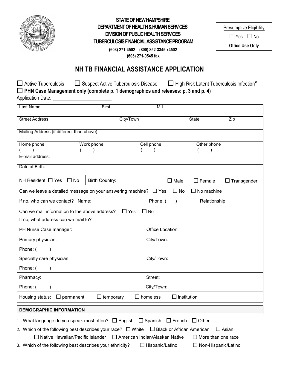 Nh Tb Financial Assistance Application - New Hampshire, Page 1