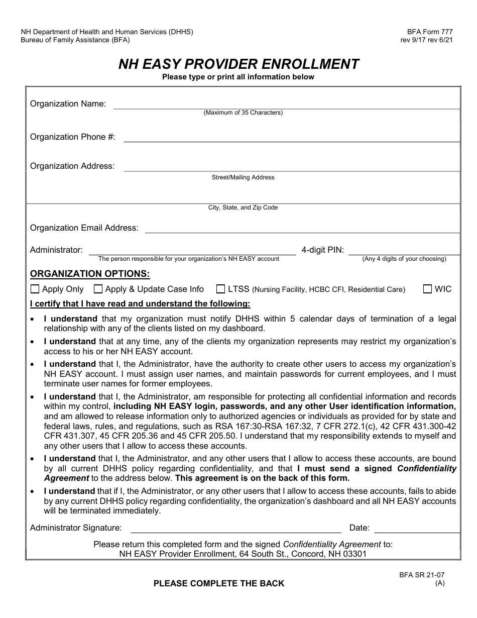 BFA Form 777 Nh Easy Provider Enrollment - New Hampshire, Page 1