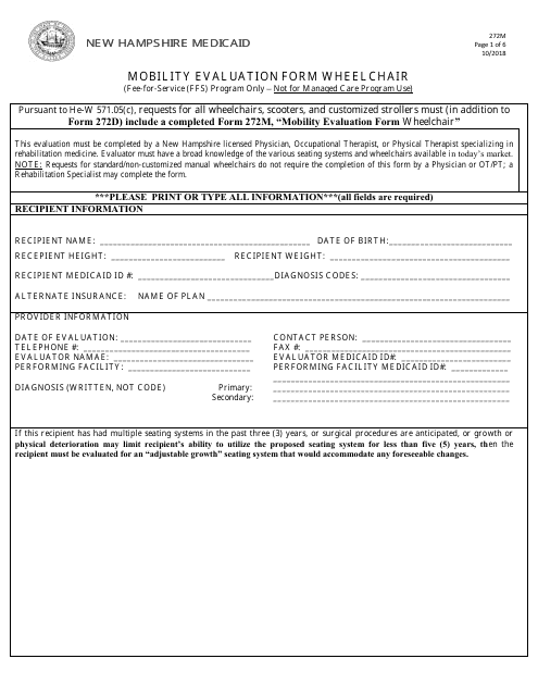 Form 272M Mobility Evaluation Form Wheelchair (Fee-For-Service (Ffs) Program Only - Not for Managed Care Program Use) - New Hampshire
