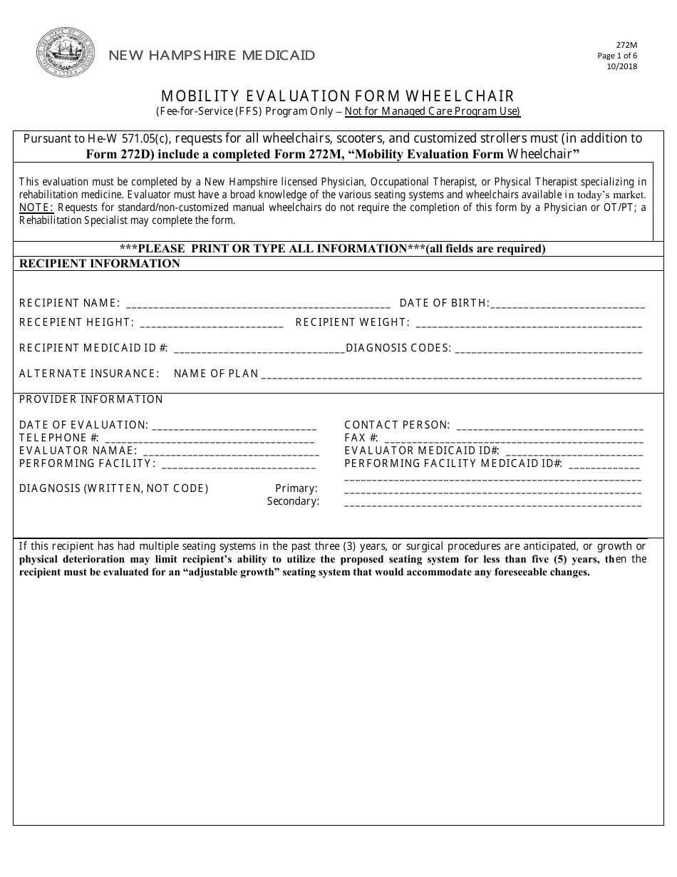 Form 272M Mobility Evaluation Form Wheelchair (Fee-For-Service (Ffs) Program Only - Not for Managed Care Program Use) - New Hampshire, Page 1