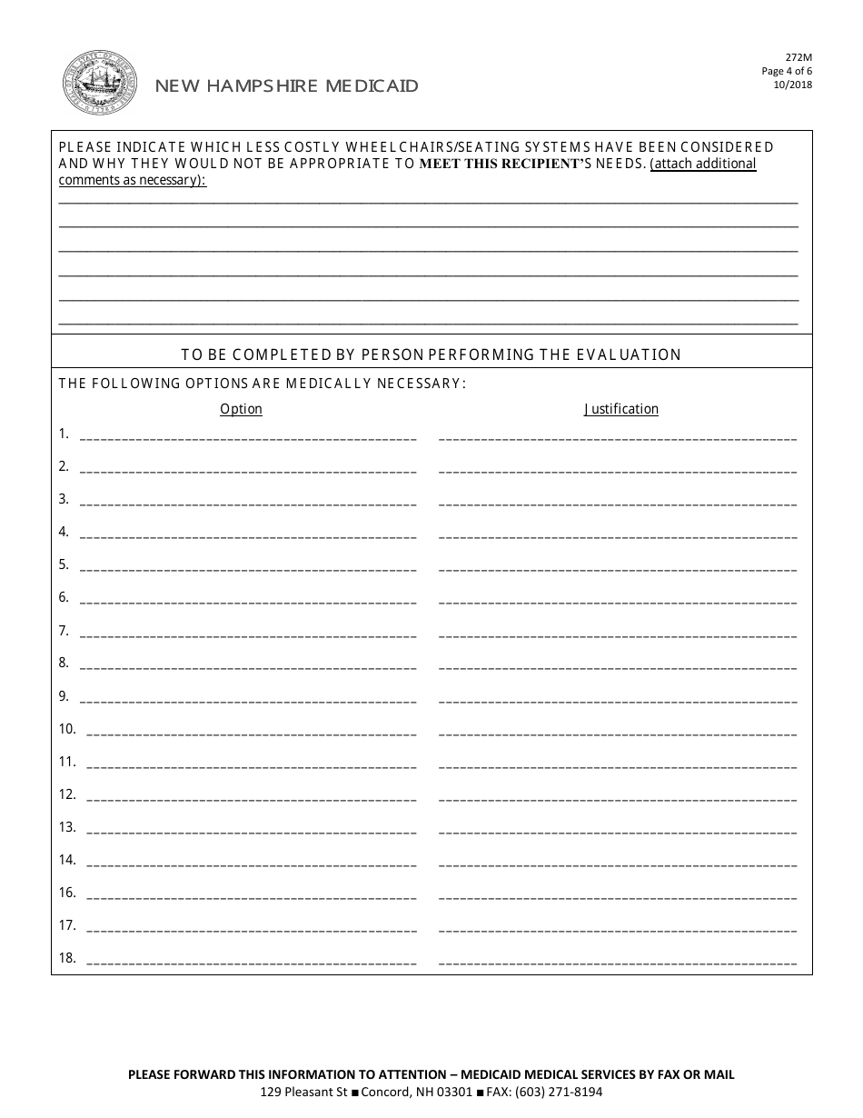 Form 272M Mobility Evaluation Form Wheelchair (Fee-For-Service (Ffs) Program Only - Not for Managed Care Program Use) - New Hampshire, Page 4