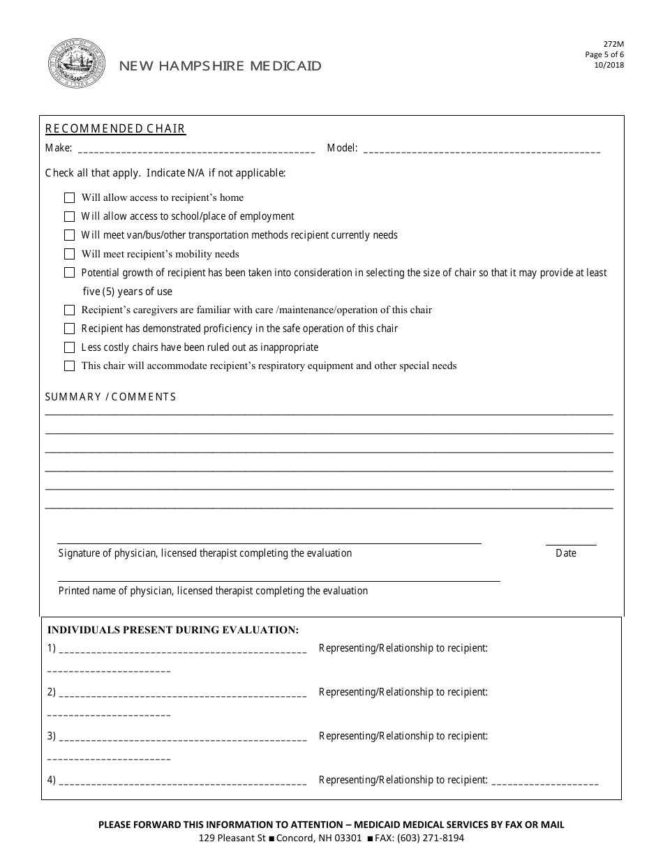 Form 272M Mobility Evaluation Form Wheelchair (Fee-For-Service (Ffs) Program Only - Not for Managed Care Program Use) - New Hampshire, Page 5