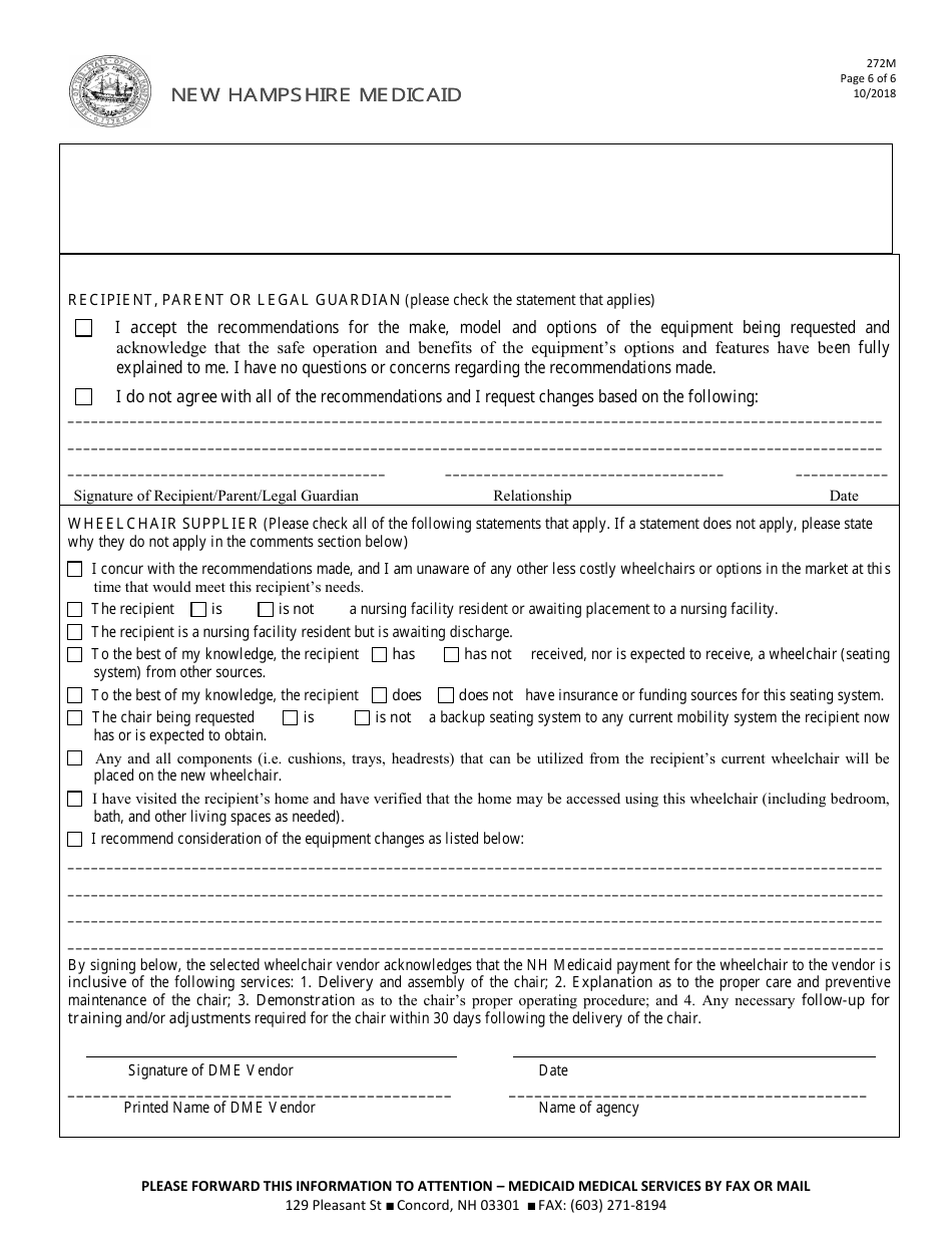 Form 272M Mobility Evaluation Form Wheelchair (Fee-For-Service (Ffs) Program Only - Not for Managed Care Program Use) - New Hampshire, Page 6