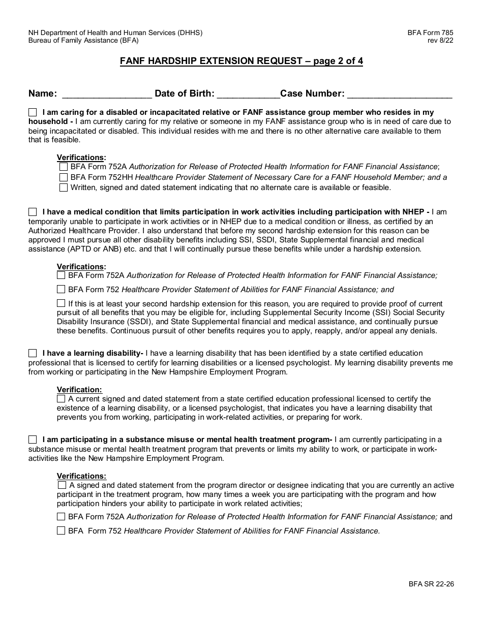 BFA Form 785 Fanf Hardship Extension Request - New Hampshire, Page 2