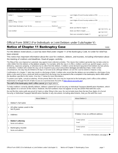 Official Form 309E2 Notice of Chapter 11 Bankruptcy Case for Individuals or Joint Debtors Under Subchapter V
