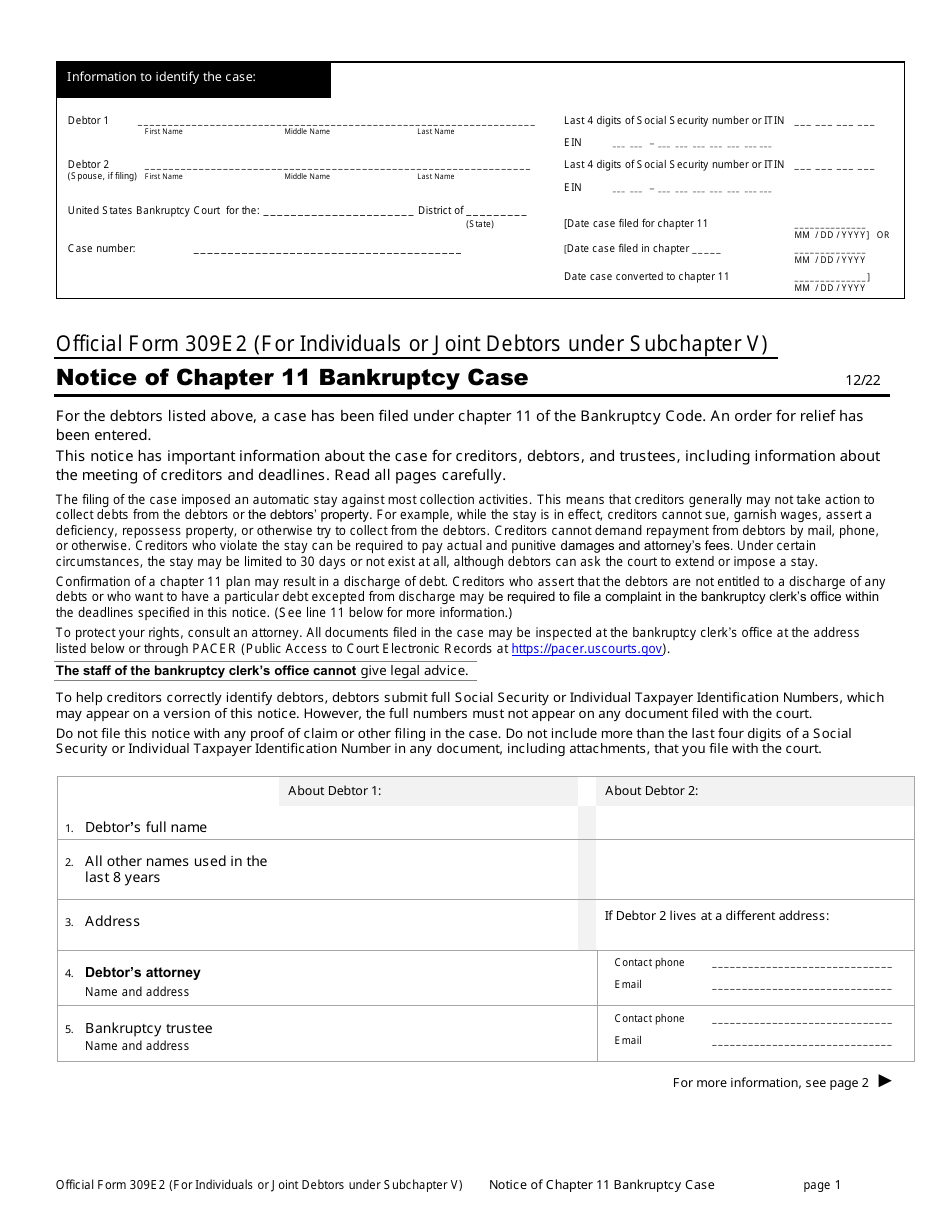 Official Form 309E2 Notice of Chapter 11 Bankruptcy Case for Individuals or Joint Debtors Under Subchapter V, Page 1