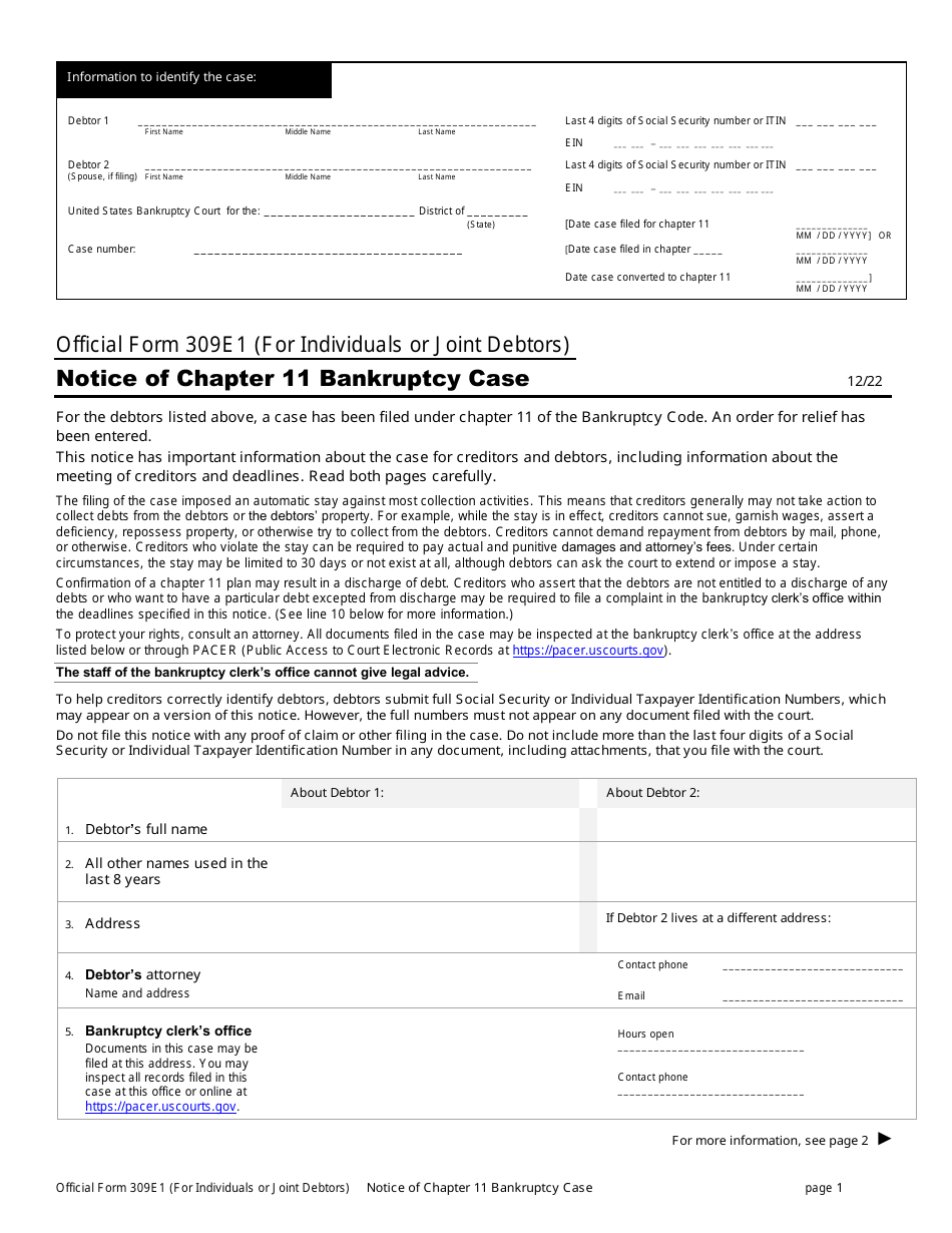 Official Form 309E1 Download Printable PDF or Fill Online Notice of ...