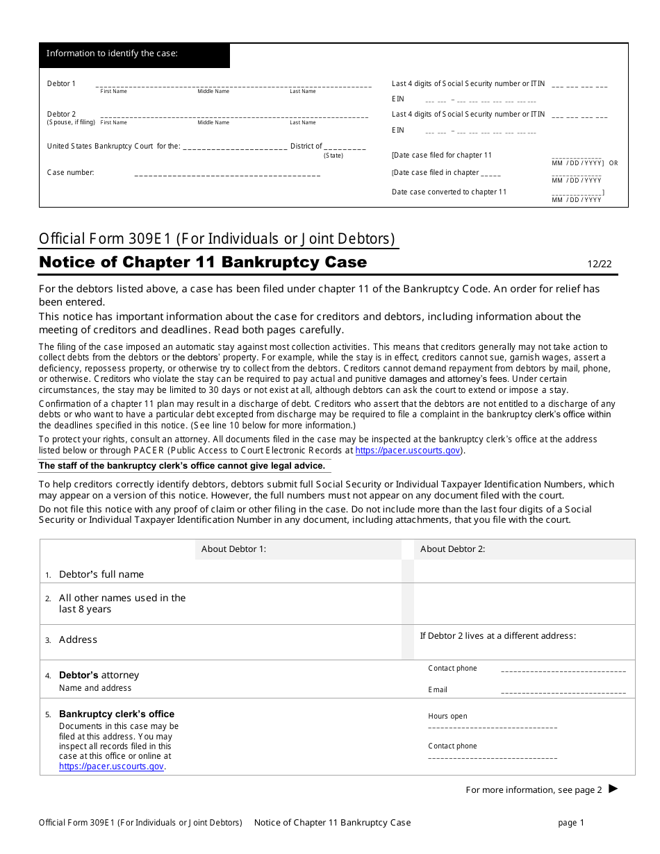 Official Form 309E1 Notice of Chapter 11 Bankruptcy Case for Individuals or Joint Debtors, Page 1