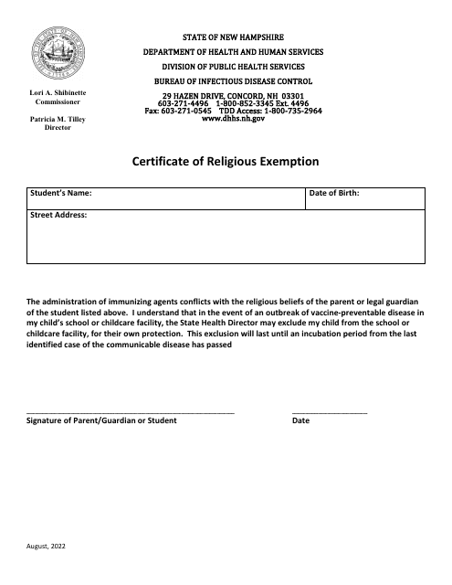 Certificate of Religious Exemption - New Hampshire Download Pdf