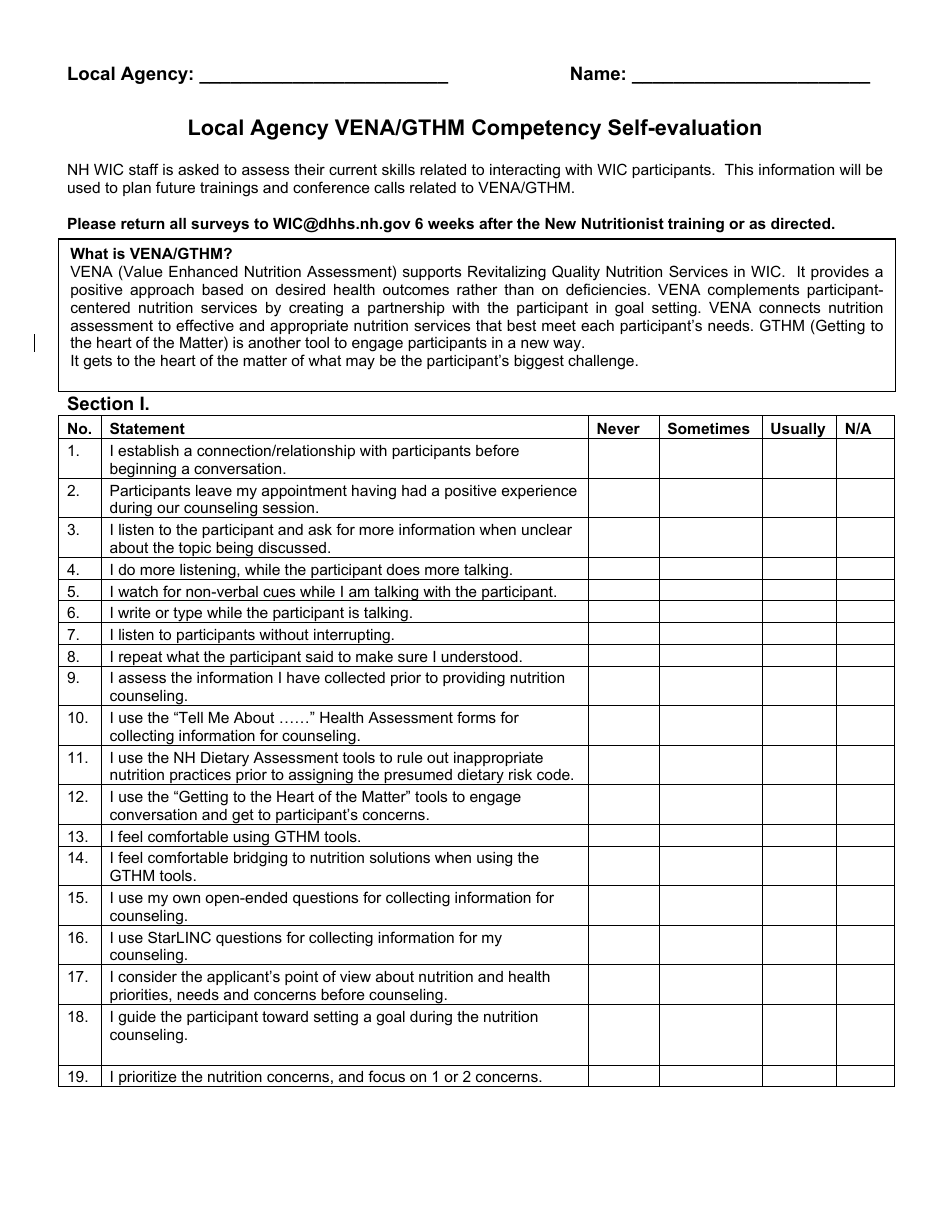 Local Agency Vena / Gthm Competency Self-evaluation - New Hampshire, Page 1