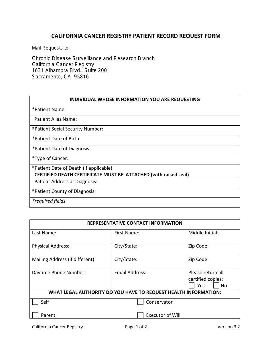 California Cancer Registry Patient Record Request Form - California, Page 1