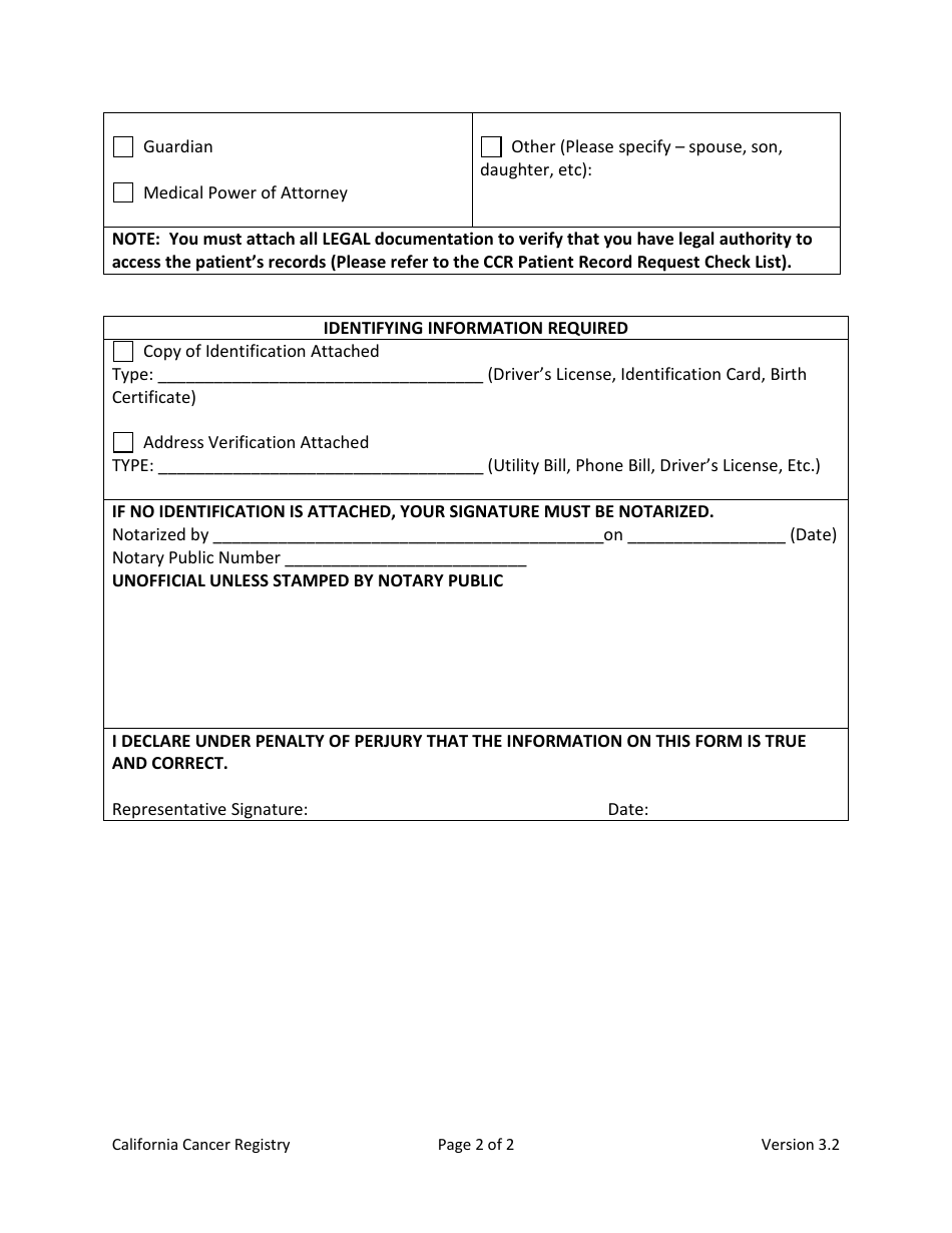 California Cancer Registry Patient Record Request Form - California, Page 2