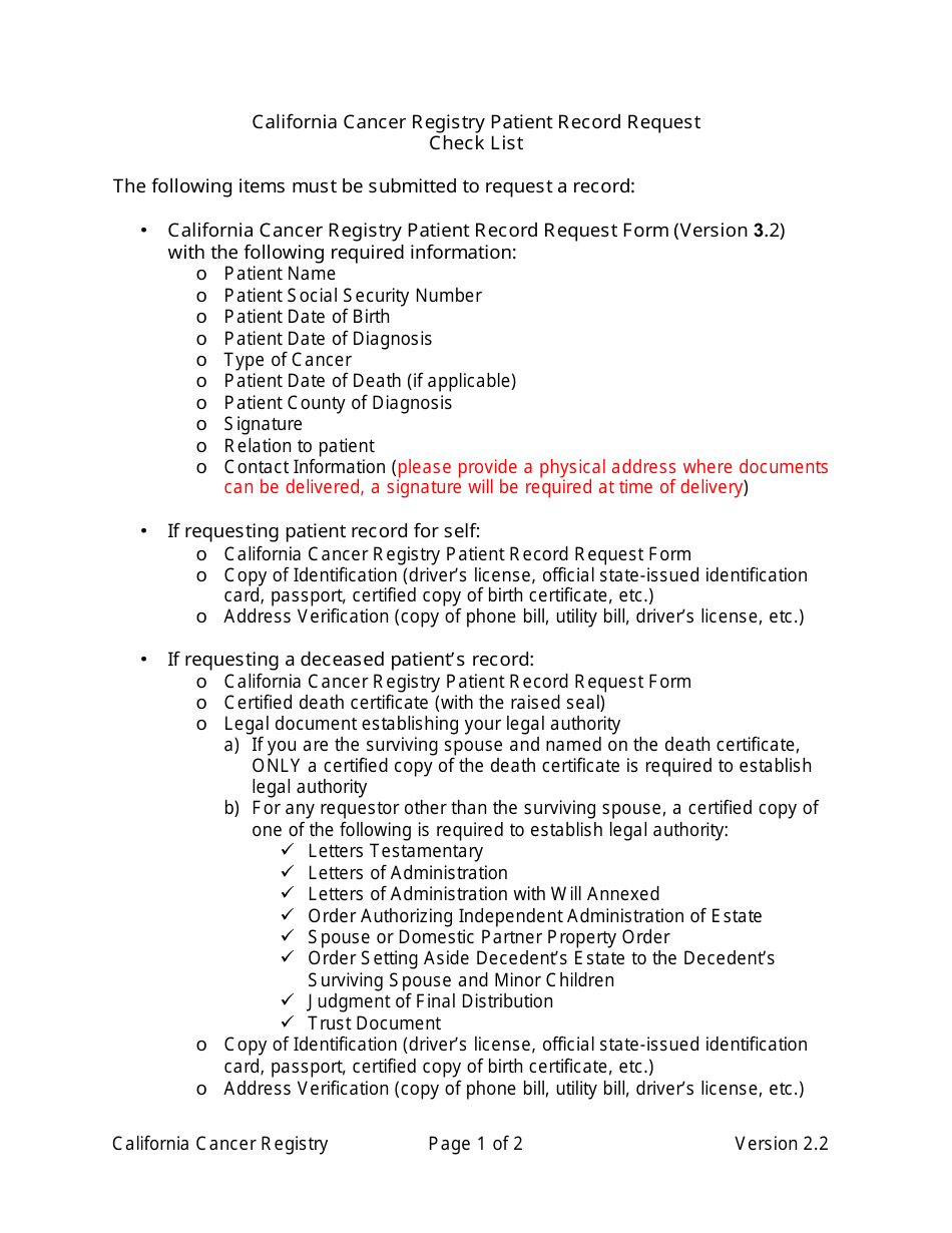 California Cancer Registry Patient Record Request Check List - California, Page 1