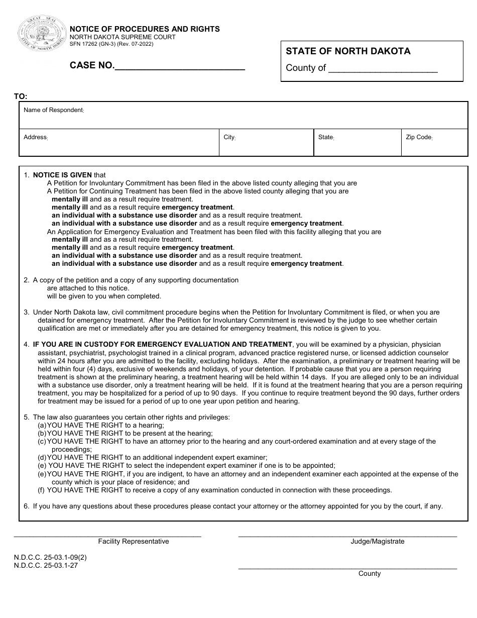 Form GN-3 (SFN17262) Notice of Procedures and Rights - North Dakota, Page 1