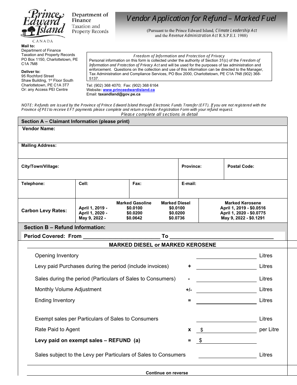 Vendor Application for Refund - Marked Fuel - Prince Edward Island, Canada, Page 1
