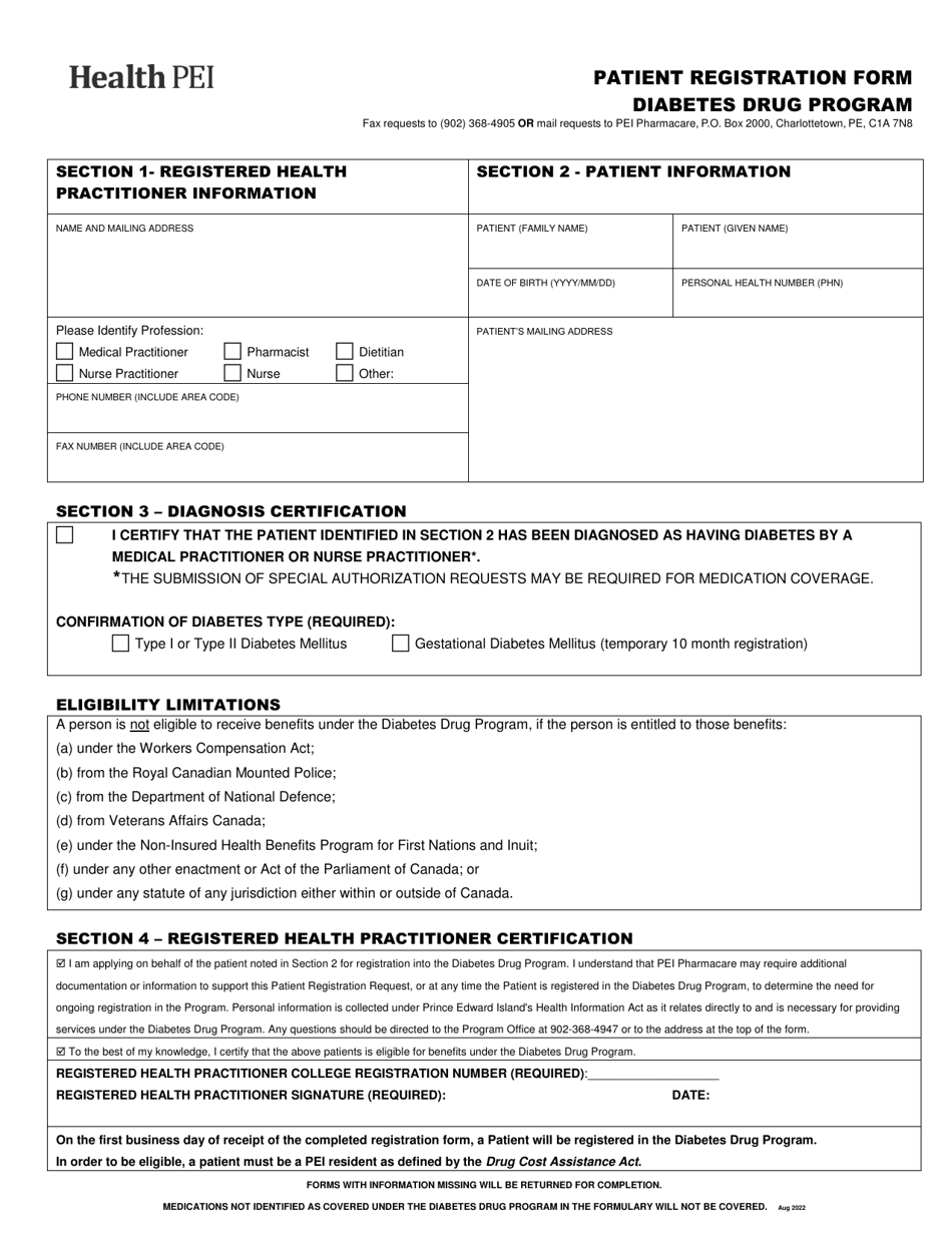 Patient Registration Form - Diabetes Drug Program - Prince Edward Island, Canada, Page 1