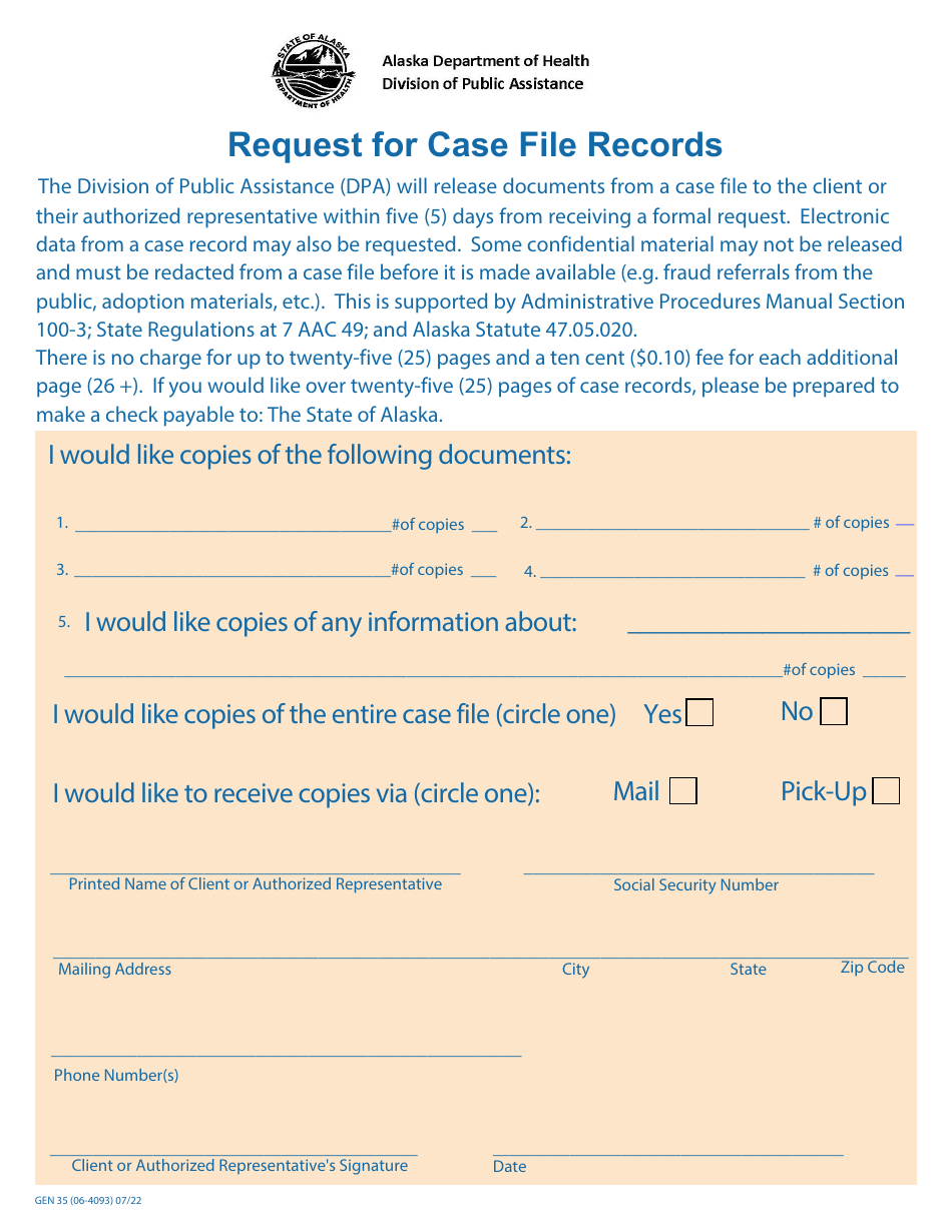 Form GEN35 Request for Case File Records - Alaska, Page 1