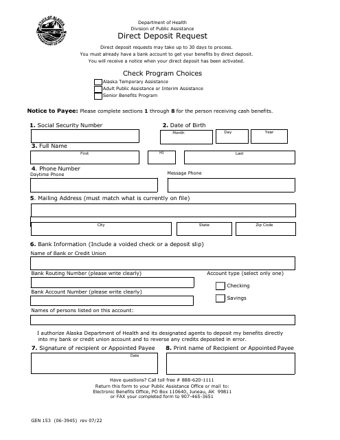 Form GEN153 Direct Deposit Request - Alaska