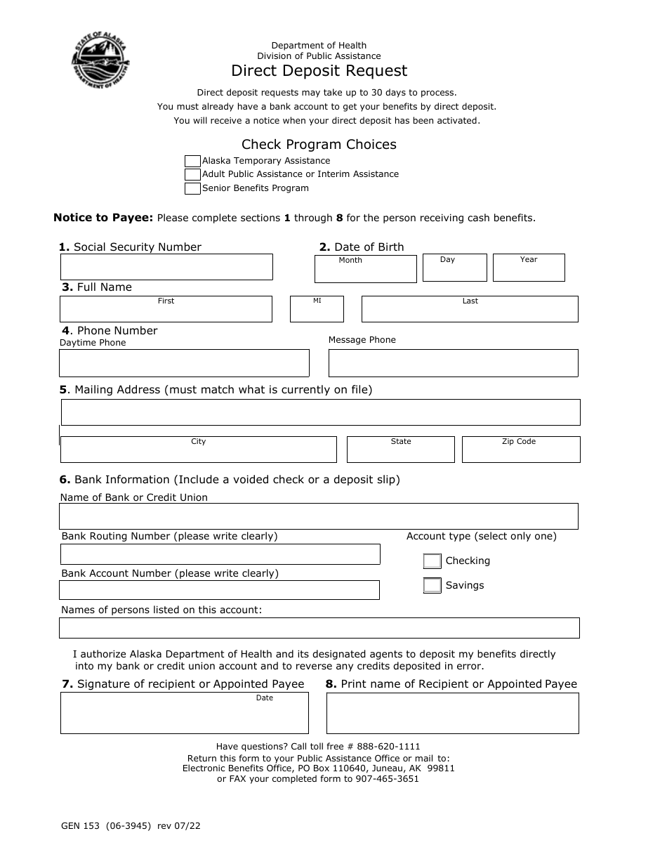Form GEN153 Direct Deposit Request - Alaska, Page 1