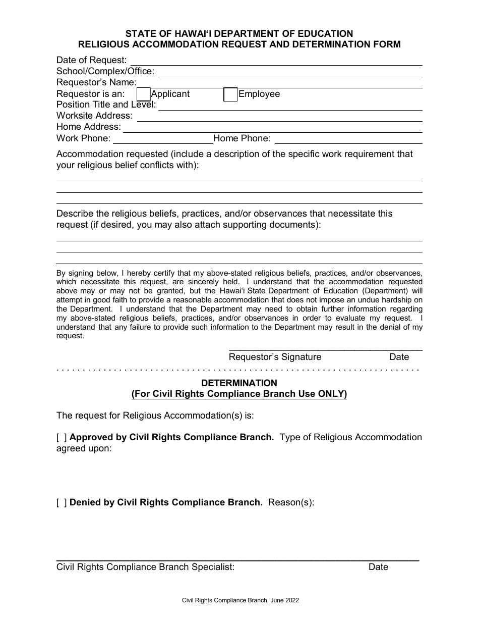 Religious Accommodation Request and Determination Form - Hawaii, Page 1