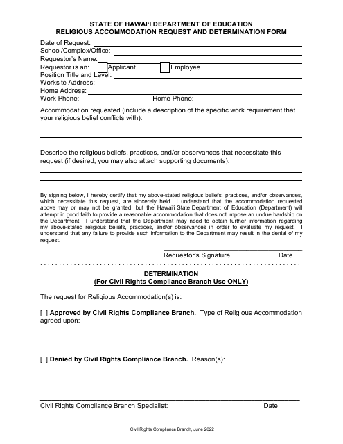 Religious Accommodation Request and Determination Form - Hawaii