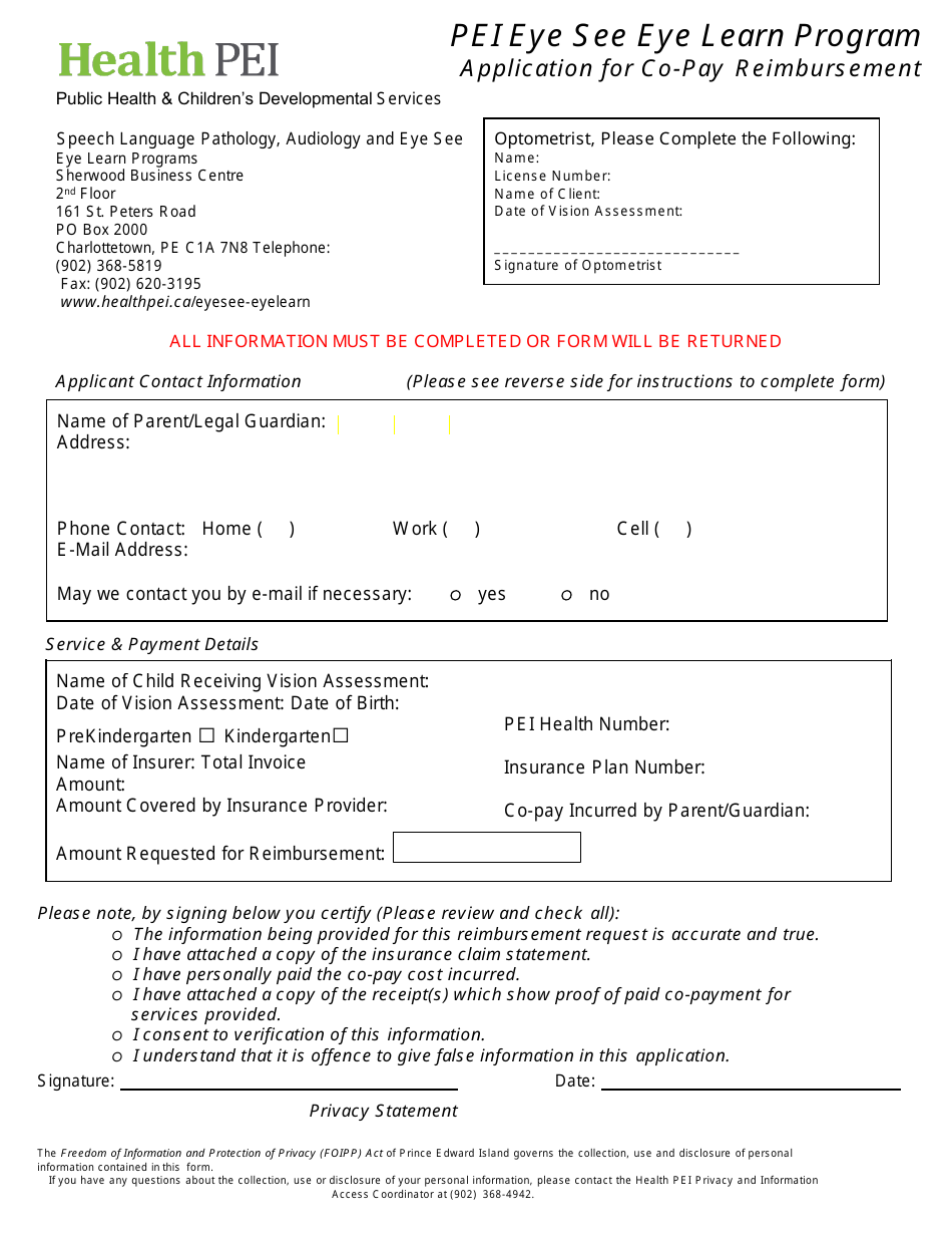 Application for Co-pay Reimbursement - Pei Eye See Eye Learn Program - Prince Edward Island, Canada, Page 1