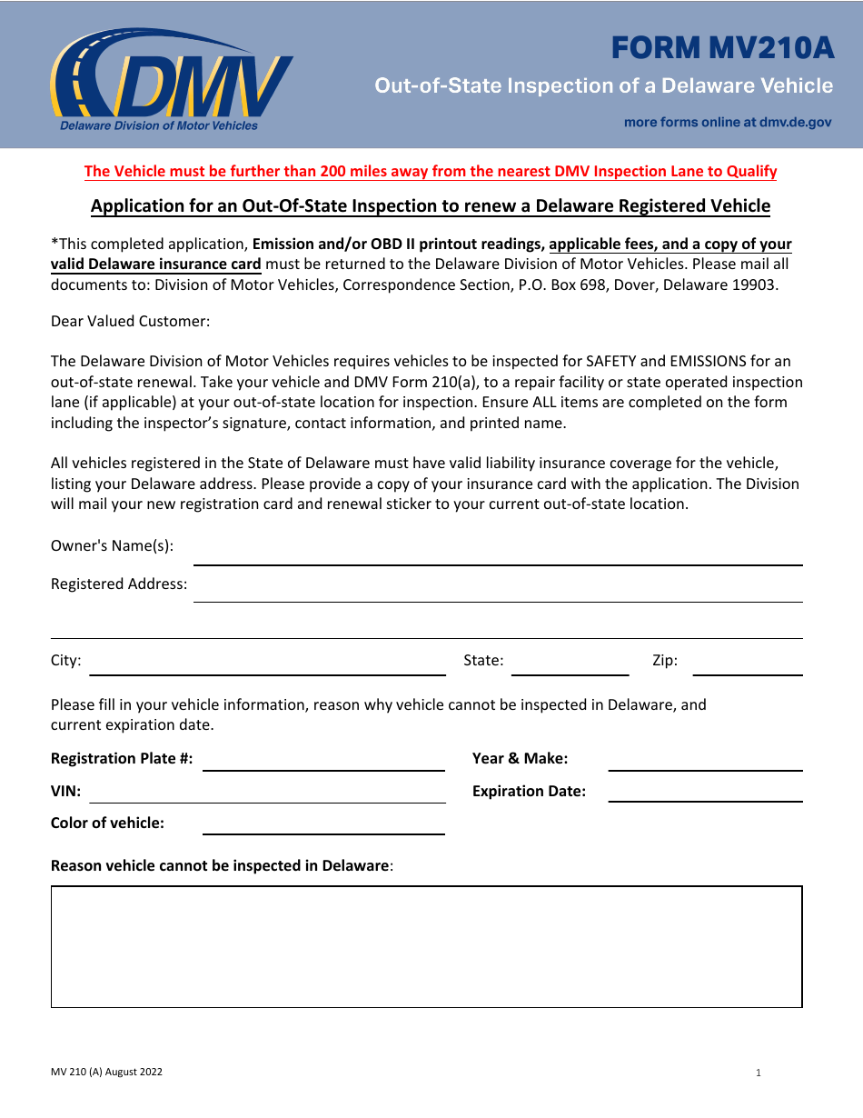 Form MV210A Application for an Out-of-State Inspection to Renew a Delaware Registered Vehicle - Delaware, Page 1