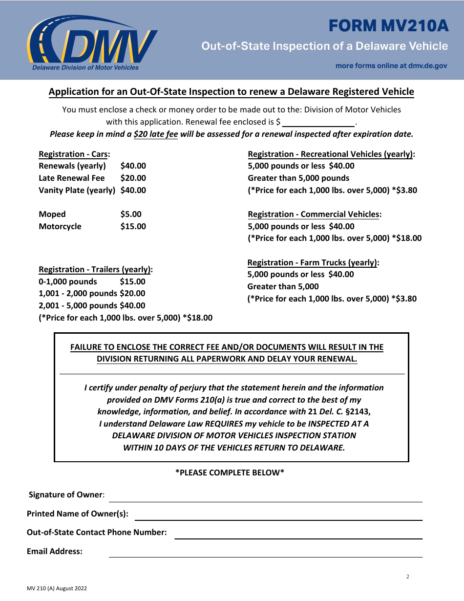 Form MV210A Application for an Out-of-State Inspection to Renew a Delaware Registered Vehicle - Delaware, Page 2