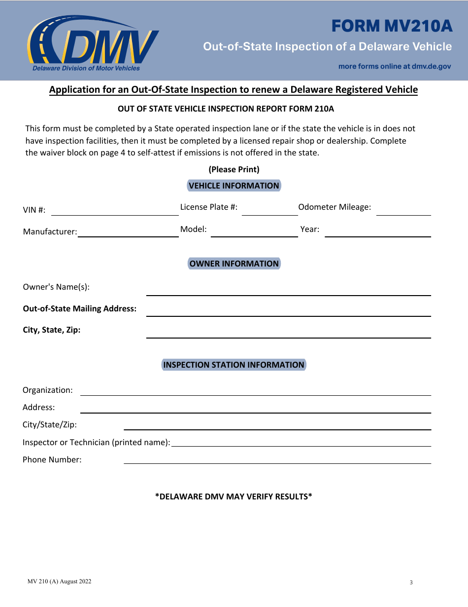 Form MV210A Application for an Out-of-State Inspection to Renew a Delaware Registered Vehicle - Delaware, Page 3