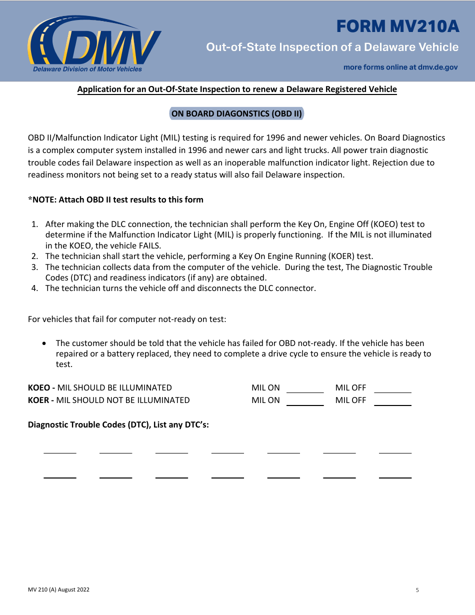 Form MV210A Application for an Out-of-State Inspection to Renew a Delaware Registered Vehicle - Delaware, Page 5