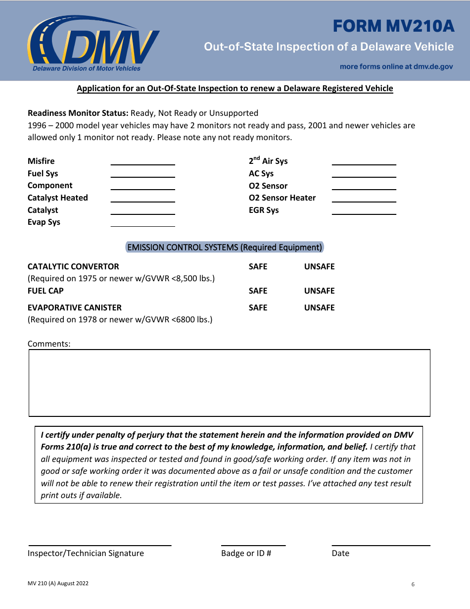 Form MV210A Application for an Out-of-State Inspection to Renew a Delaware Registered Vehicle - Delaware, Page 6