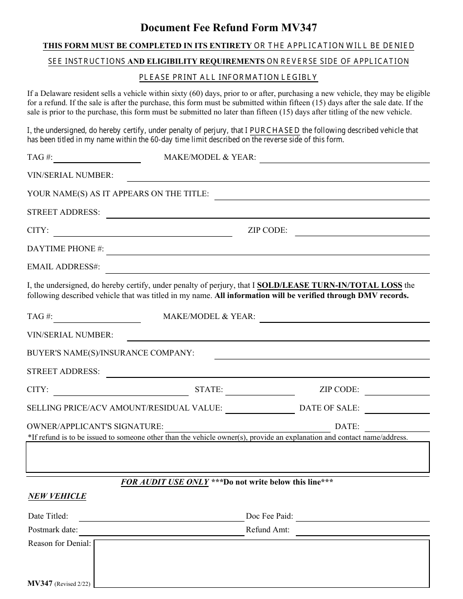 Form MV347 Document Fee Refund Form - Delaware, Page 1