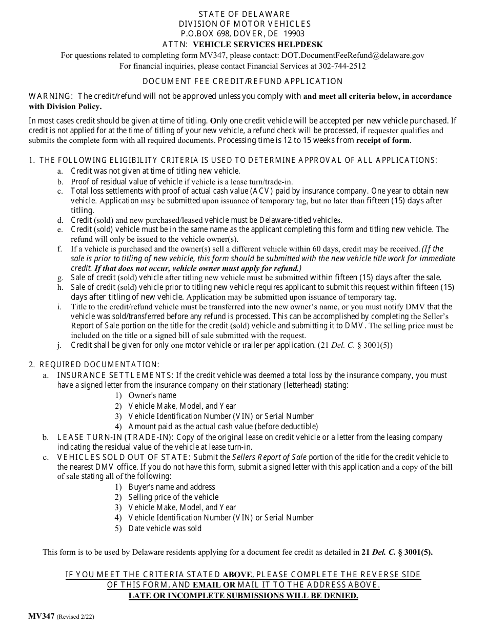 Form MV347 Document Fee Refund Form - Delaware, Page 2