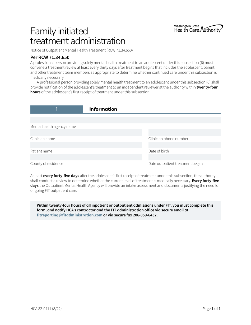 Form HCA82-0411 Family Initiated Treatment Administration - Washington, Page 1