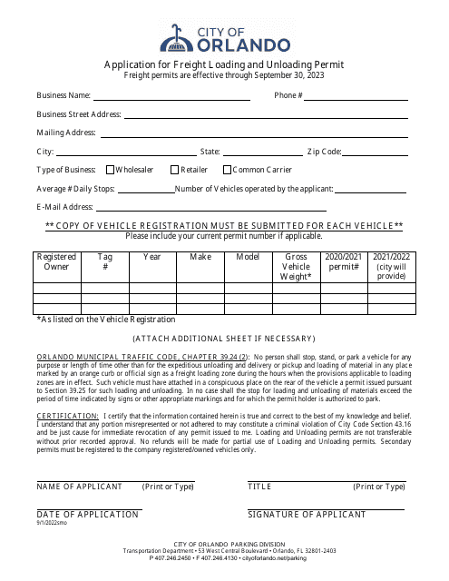 Application for Freight Loading and Unloading Permit - City of Orlando, Florida, 2023