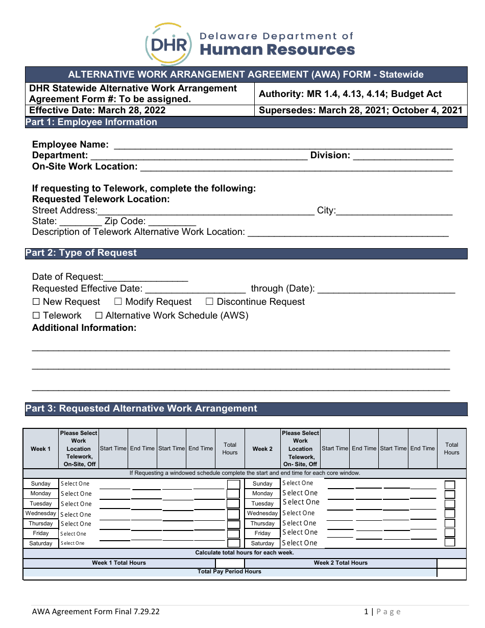 Alternative Work Arrangement Agreement (Awa) Form - Statewide - Delaware, Page 1